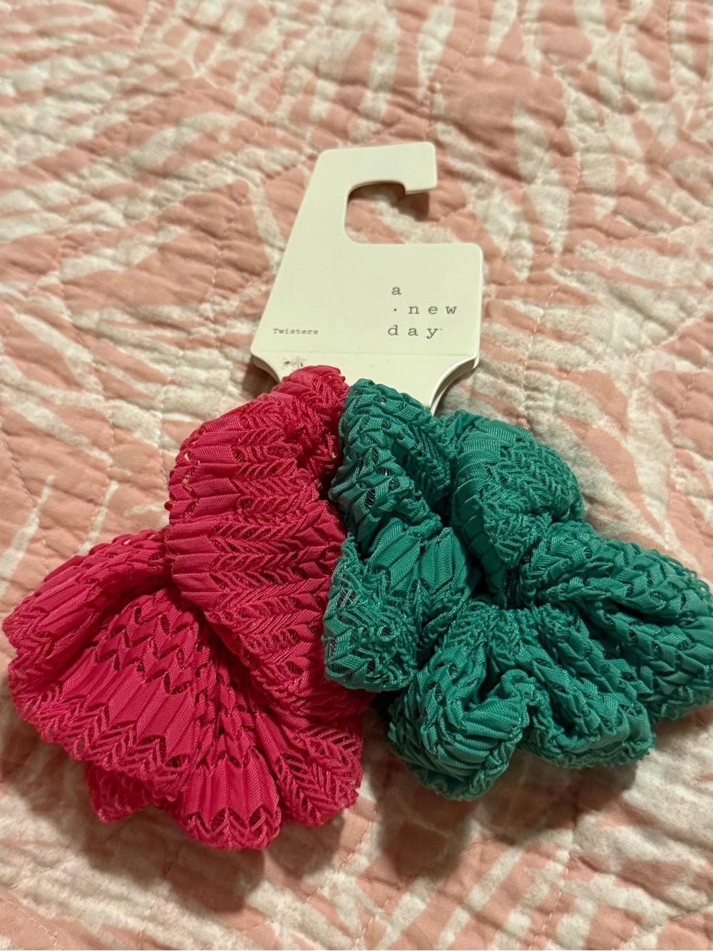 a new day pink & green textured tropical Aztec inspired twisters scrunchie set